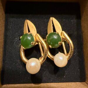 Vintage 12K Gold Filled Earrings • Genuine Jade + Pearl • Modernist Design